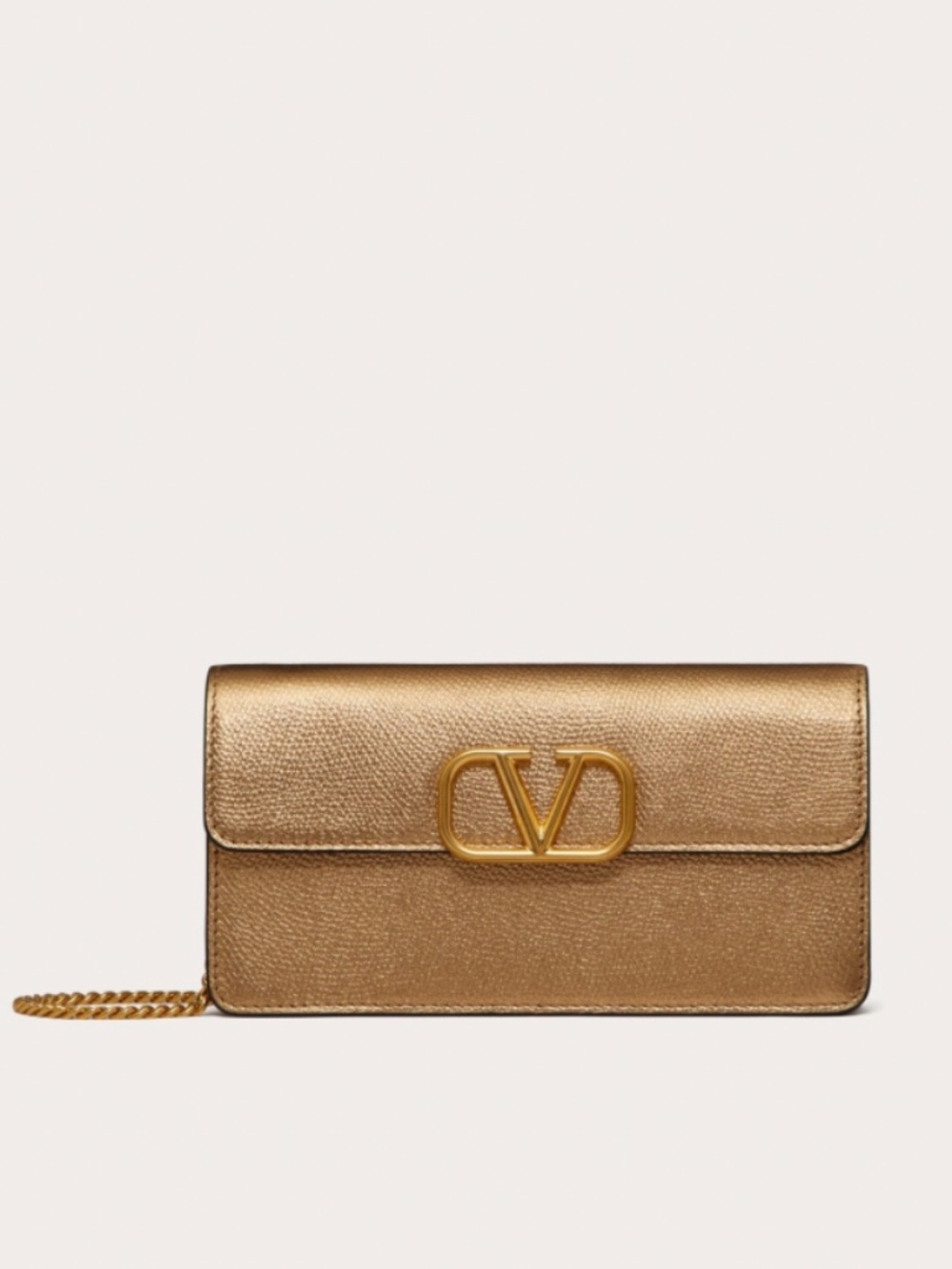 Valentino Garavani Metalic Gold V Logo Wallet on Chain Crossbody Bag